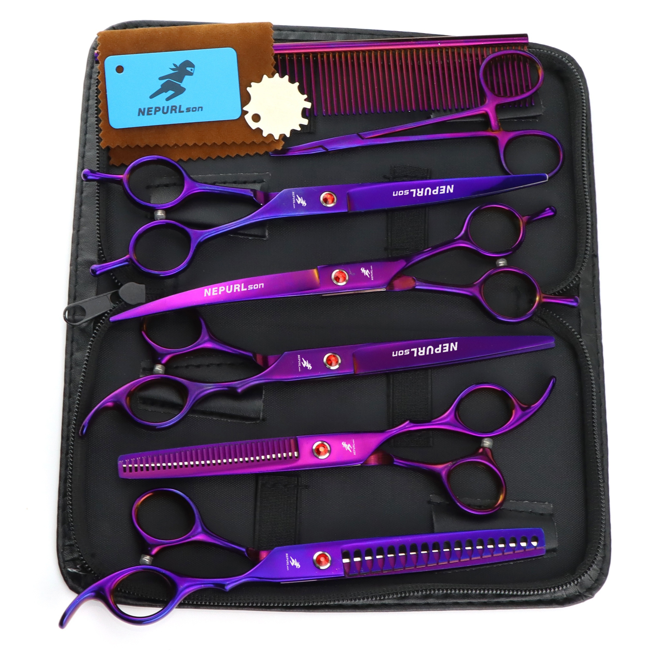 7.0 "pet Grooming Scissors Straight Teeth Scissors Fish Bone Scissors Curved Scissors Dog Pet Grooming Scissors Set Color Purple