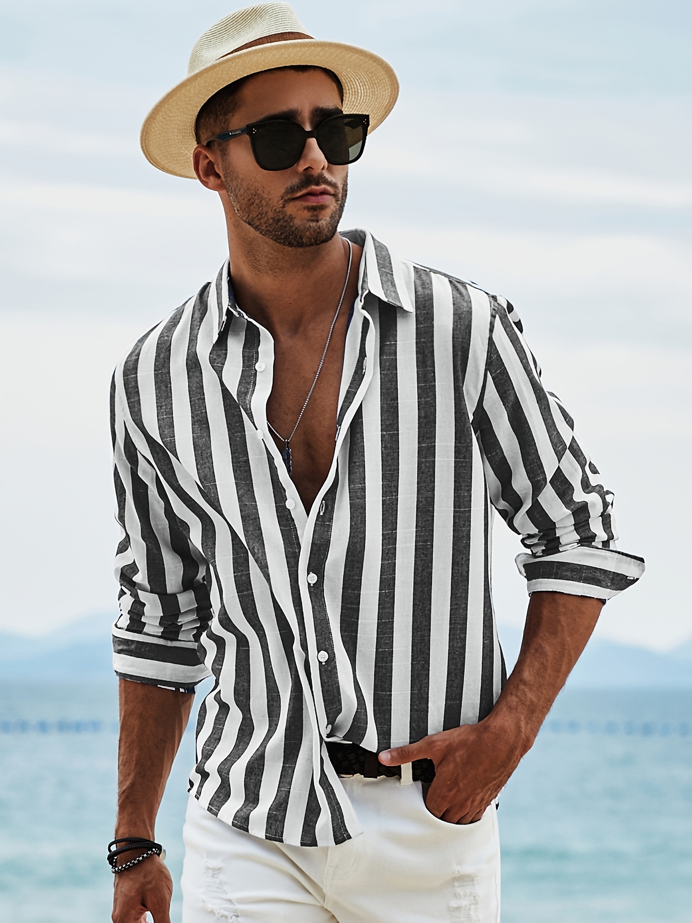 Men's Casual Long Sleeve Button-down Shirts Striped Dress Shirt
