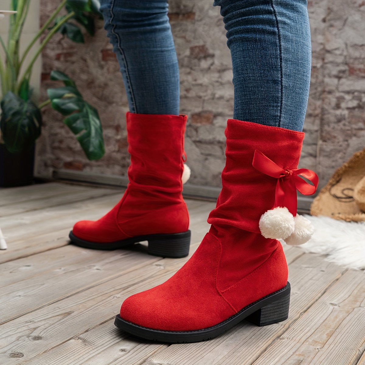 

Women's Fluffy Bowknot Ball Decor Boots, Slip On Casual Chunky Heel Suede Boots, Christmas Mid Calf Winter Boots