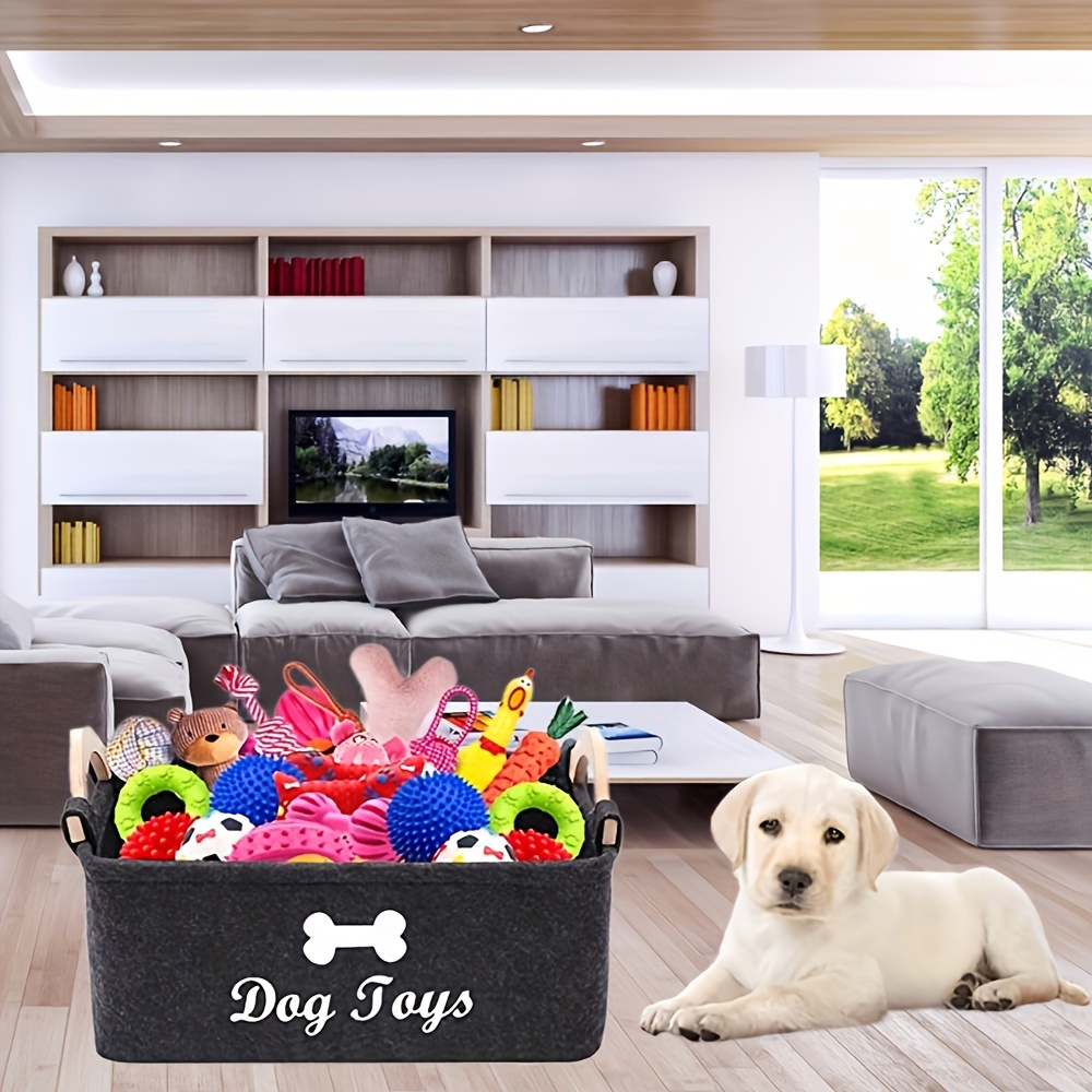 

1pc Foldable Dog Toy Storage Basket, Felt Dog Toy Storage Box With Wooden Handle, Dog Toys And Accessories Organizer