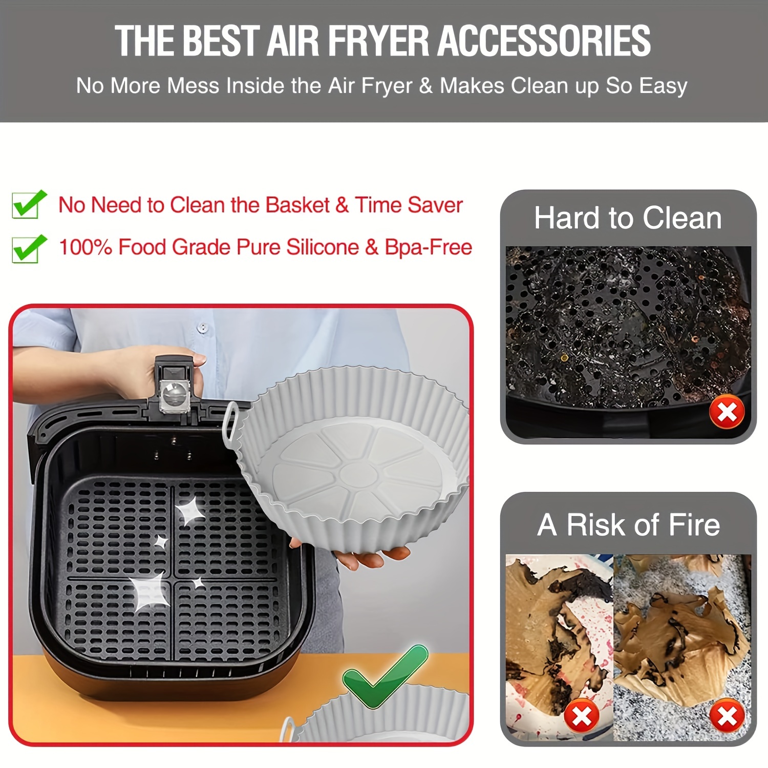 2pcs Air Fryer Silicone Liners Pot Basket Square, Easy Cleaning Air Fryer Accessory, Replace of Parchment Paper Liner, Food Safe Reusable Air Fryer