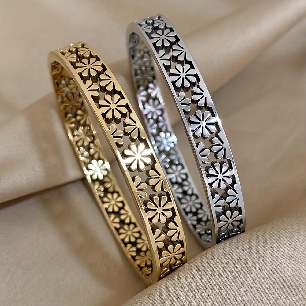 1pc Hollow Flower Shape Stainless Steel Bangle Bracelet For Men Women, Vintage Jewelry