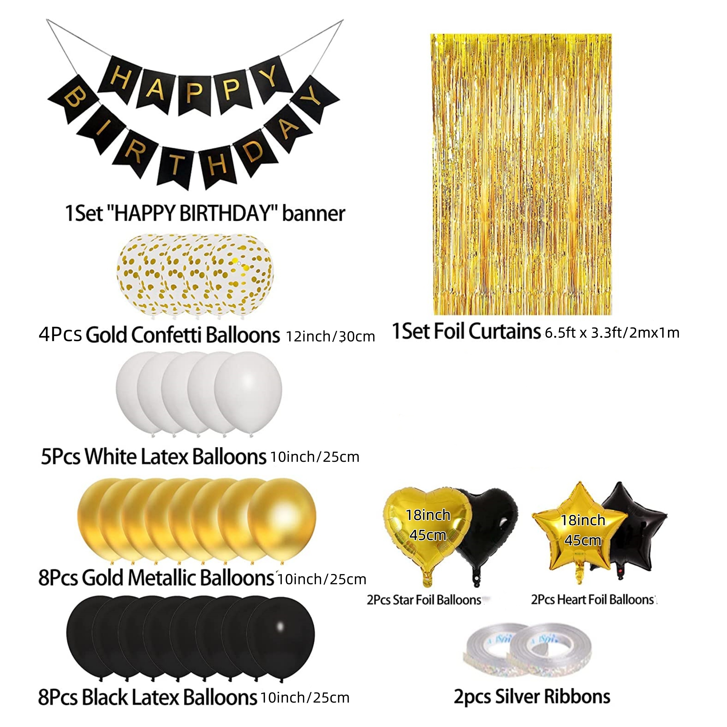 Black Gold Birthday Decorations for Men Women,Black Gold White Foil Confetti Latex Balloons Happy Birthday Banner Pom Poms Metallic Fringe Curtains