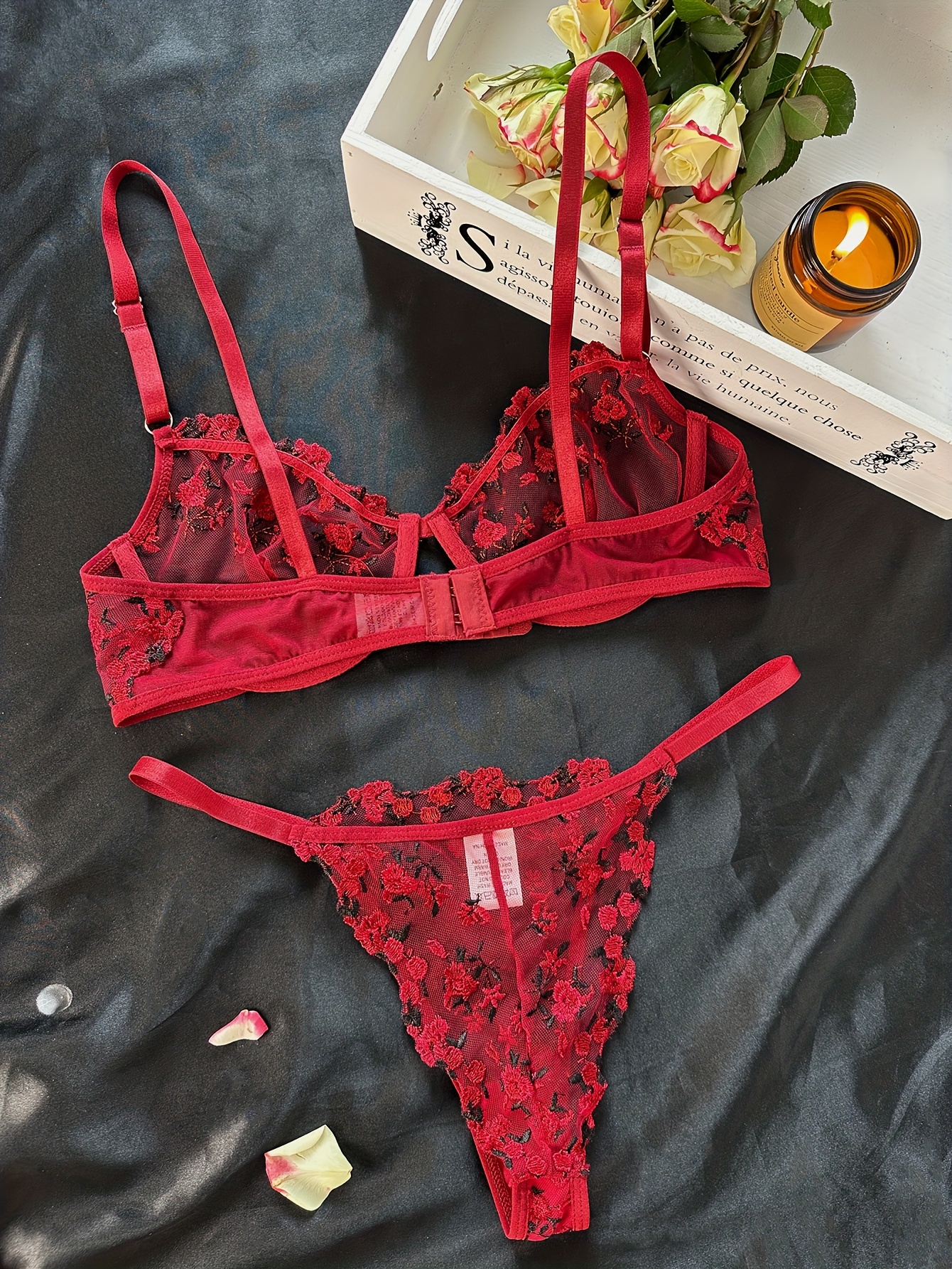 Cherry Embroidery Lingerie Set, Sheer Unlined Bra & Mesh Thong, Women's  Sexy Lingerie & Underwear