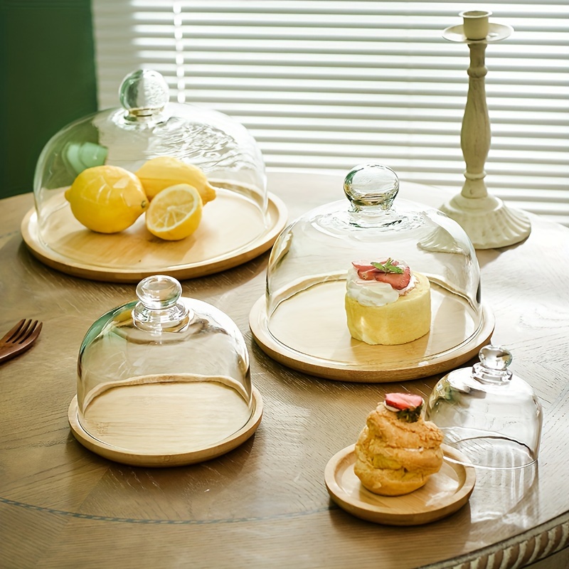 1 juego de cúpula de cristal con base de madera, plato de postre de vidrio  transparente para tartas, cúpula de queso, plato multifuncional para servir