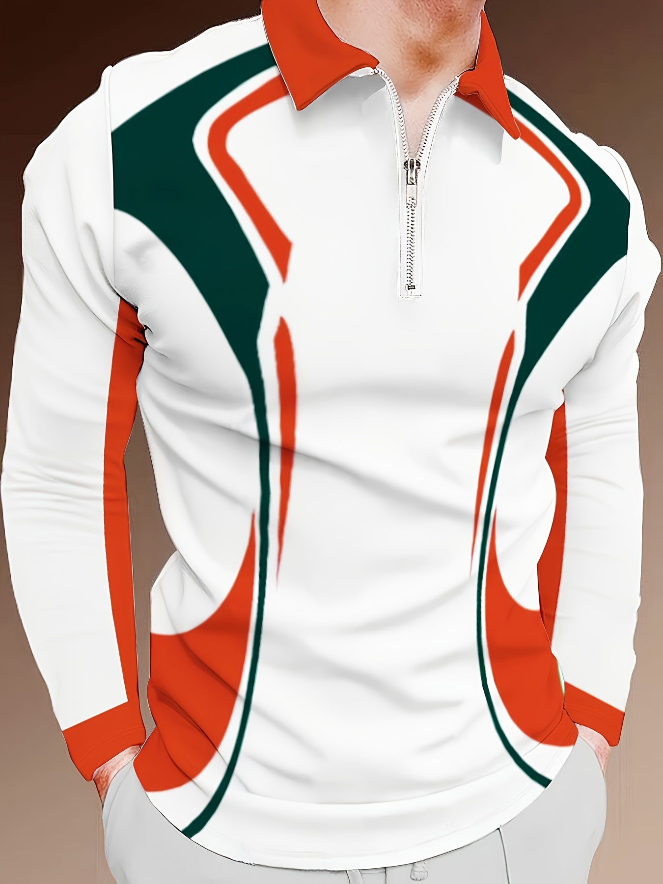 Buy Men's Fashion Design Lapel Long Sleeve Polo Shirt Colorblock