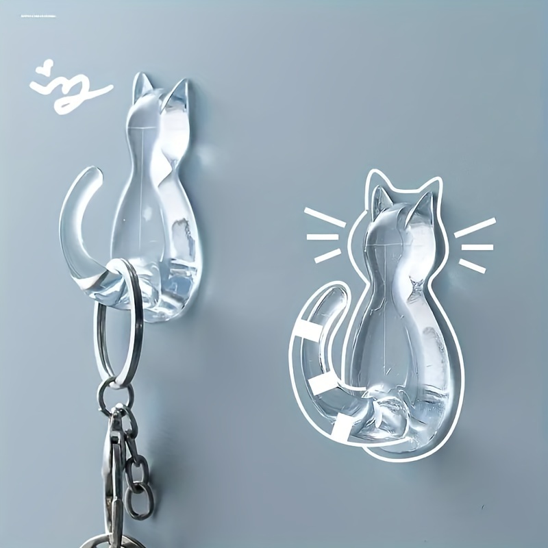 

2/10pcs Cat Tail Hooks Wall Mounted, Cartoon Free Punching Transparent Waterproof Hooks, Space Saving Storage Organizer For Entryway, Bathroom, Bedroom, Home, Dorm