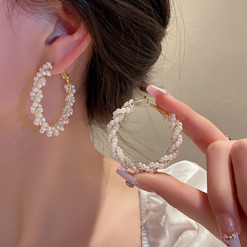 

Exquisite Twisted Imitation Pearl Design Hoop Earrings Elegant Vintage Style Suitable For Women Daily Party Earrings