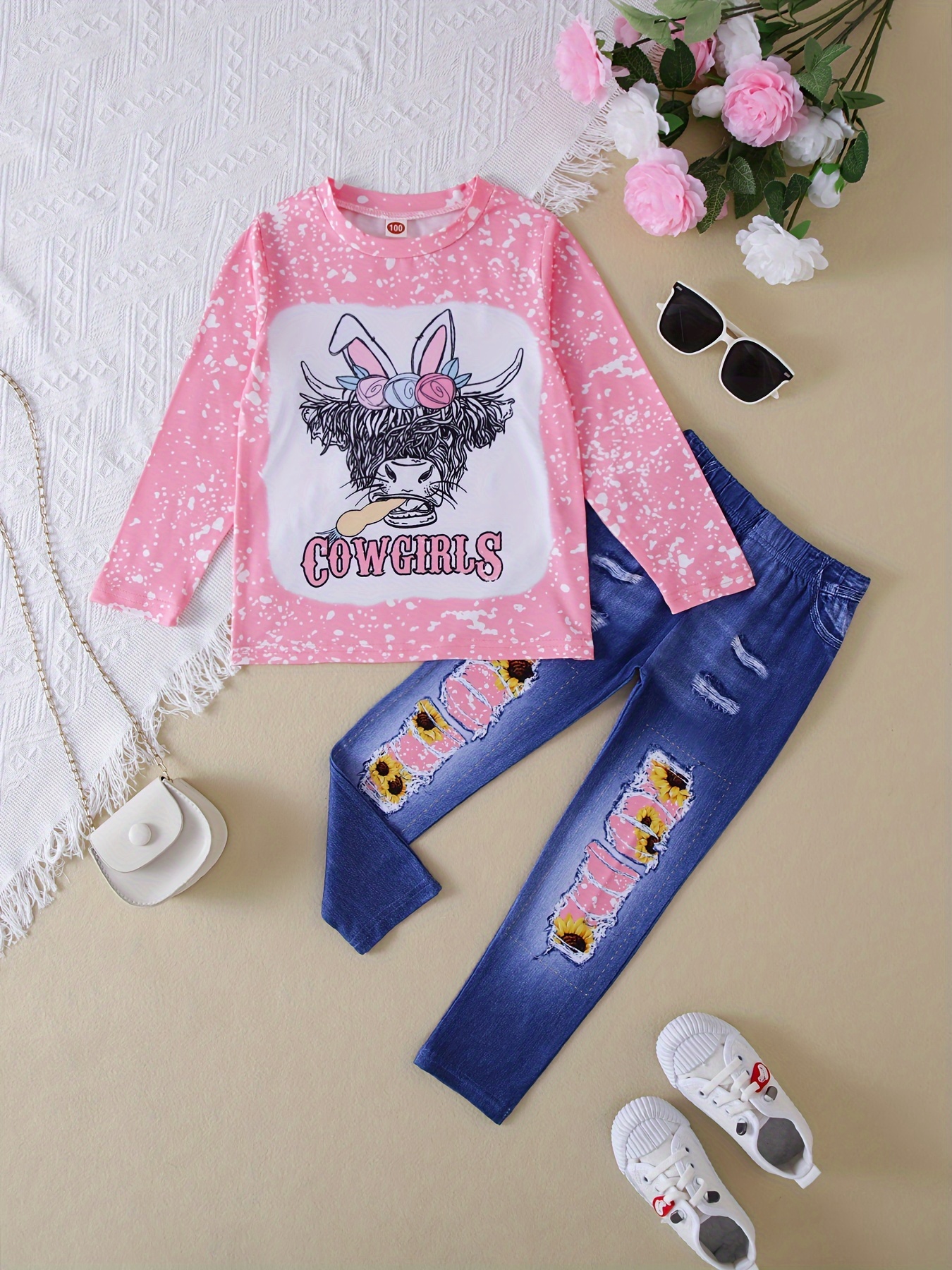 Toddler Girls' Cute Outfits Bunny Print Top Flora Flare - Temu