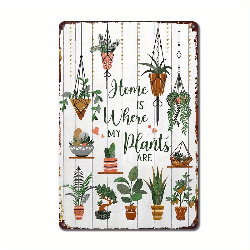 1pc Metal Wall Art Sign, Wood Pattern Background Home Is Where My Plants  Are Vintage Metal Tin Sign, Retro Tin Hippie Poster Vintage Sign For Home  Roo