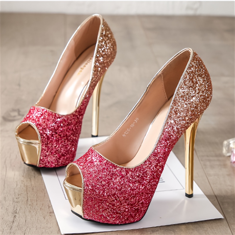 Womens Sequins Super High Heels Sexy Peep Toe Glitter Slip On