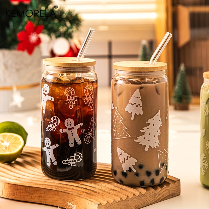 1PC 16oz. Can Shape Glass Cup with Bamboo Lid and Glass Straw, Christmas  Stripes Can Glass for Christmas Winter New Year Gift, Glass Gift for Coffee  Milk Juice Bubble Tea