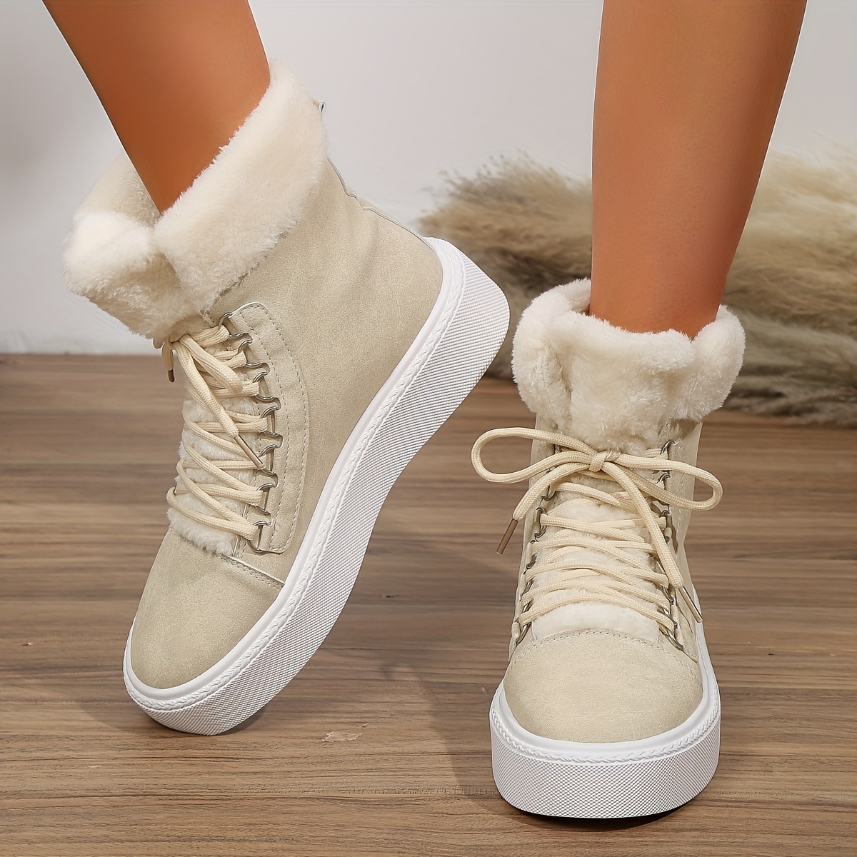 womens solid color boots lace up round toe velvet warm fluffy non slip soft sole shoes winter comfy snow shoes details 6