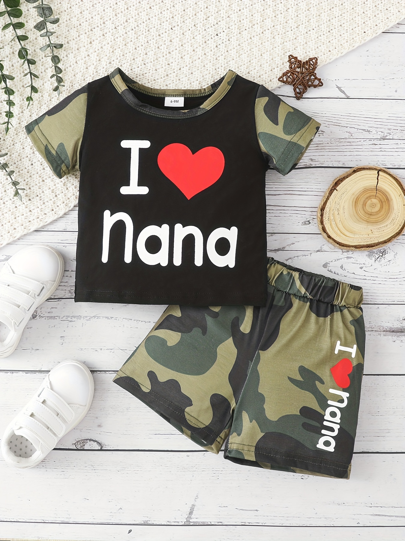2pcs Baby Boys I Love Nana Round Neck T-shirt & Camouflage Shorts Set  Clothes