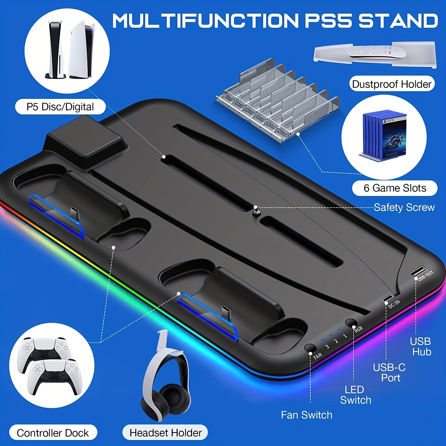  PS5 Stand and Cooling Station with RGB LED Controller