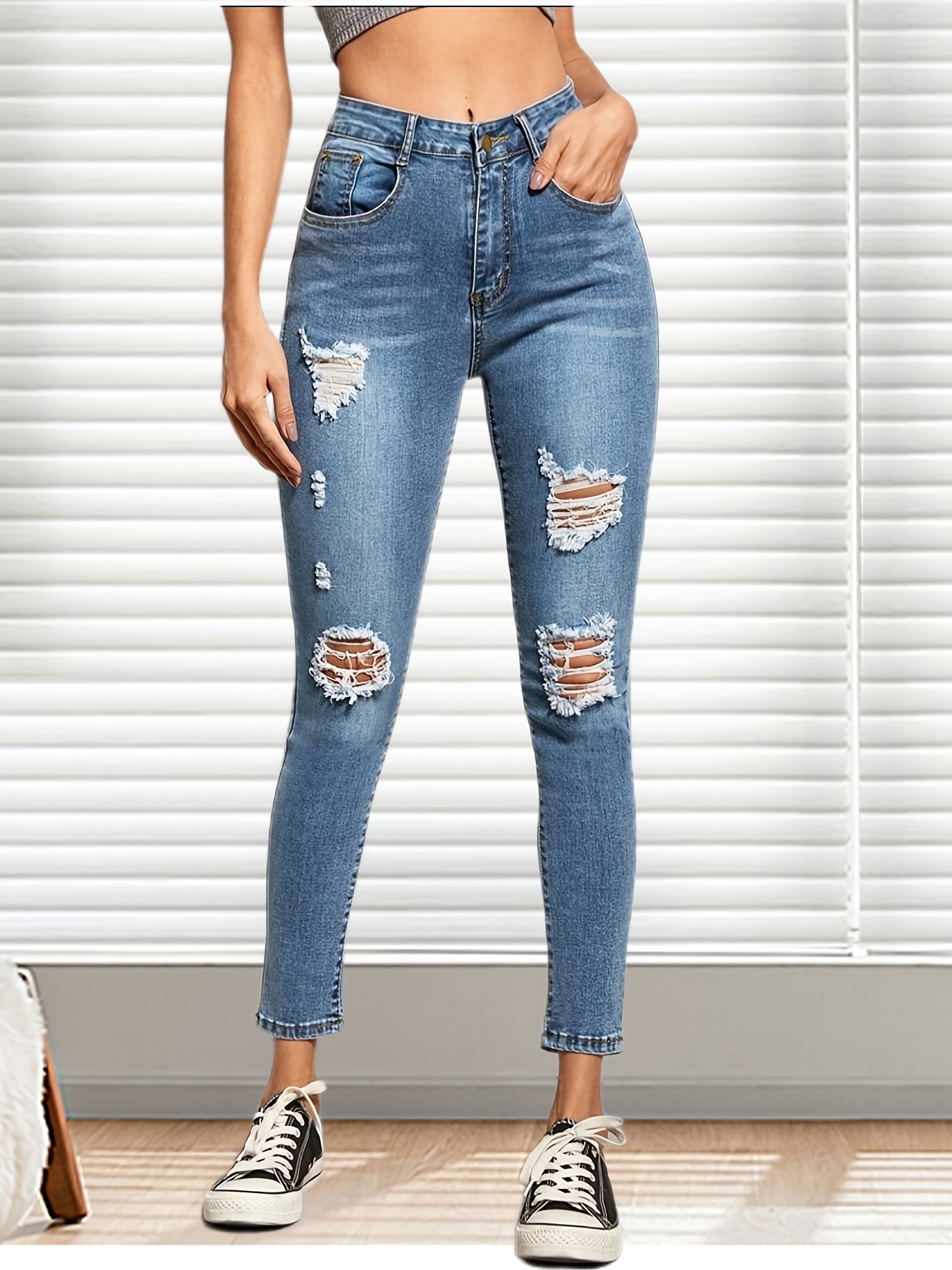 Blue Ripped Holes Skinny Jeans Slim Fit Slash Pockets Slight - Temu Canada