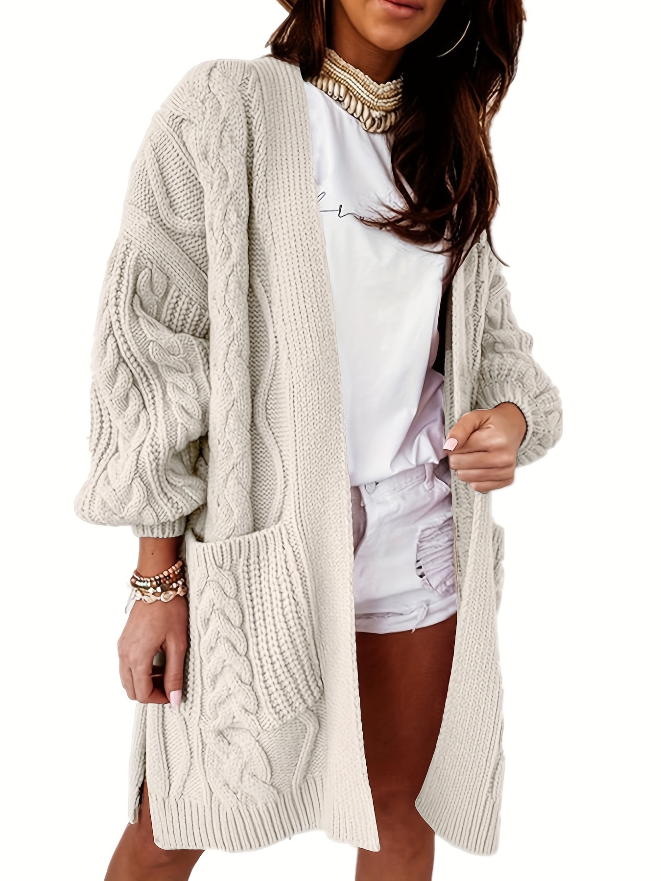 Solid Cable Knit Long Sleeve Open Front Cardigan