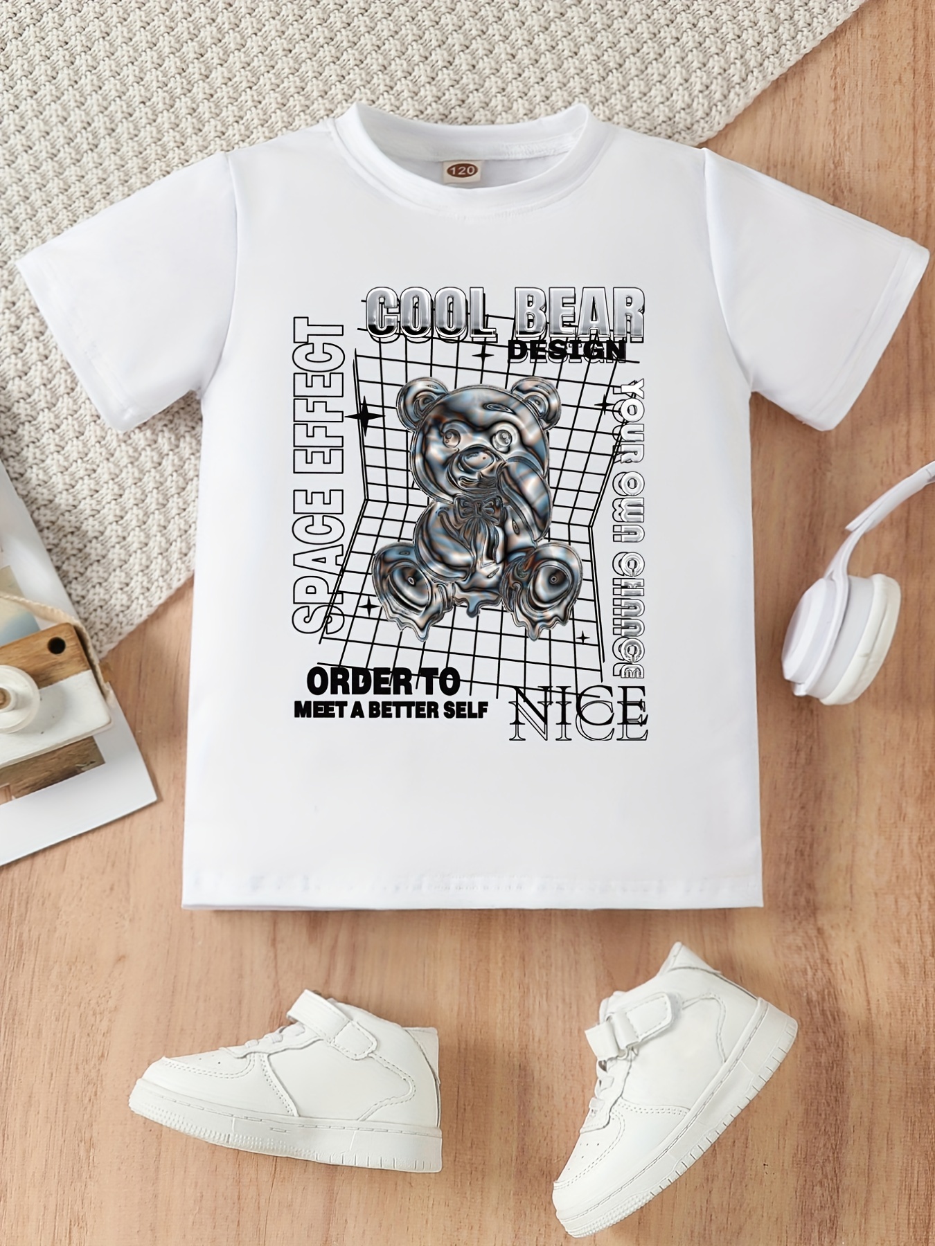 Metal Bear Pattern Kid's T-shirt, Y2k Style Short Sleeve Top