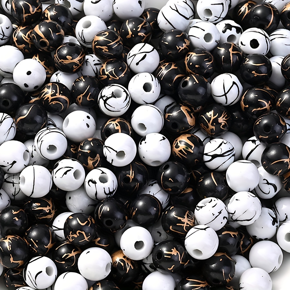 

100pcs 8mm White Black Acrylic Golden Wire Drawing Pattern Beads For Jewelry Making Diy Fashion Special Bracelet Phone Chain Handmade Beaded Accessories