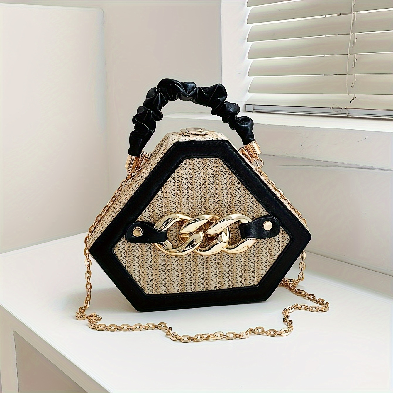 

Fashion Niche Shaped Satchel Bag, Chain Decor Straw Design Chain Bag, Mini Top Ruched Strap Handbag