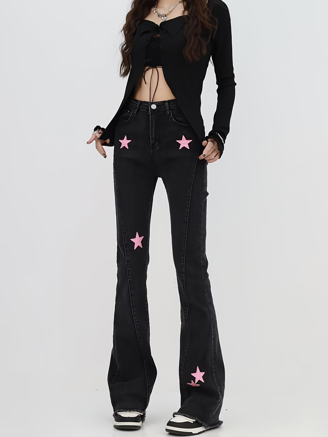 Streetwear Star Pattern Y2k Flare Leg Jeans Black High - Temu