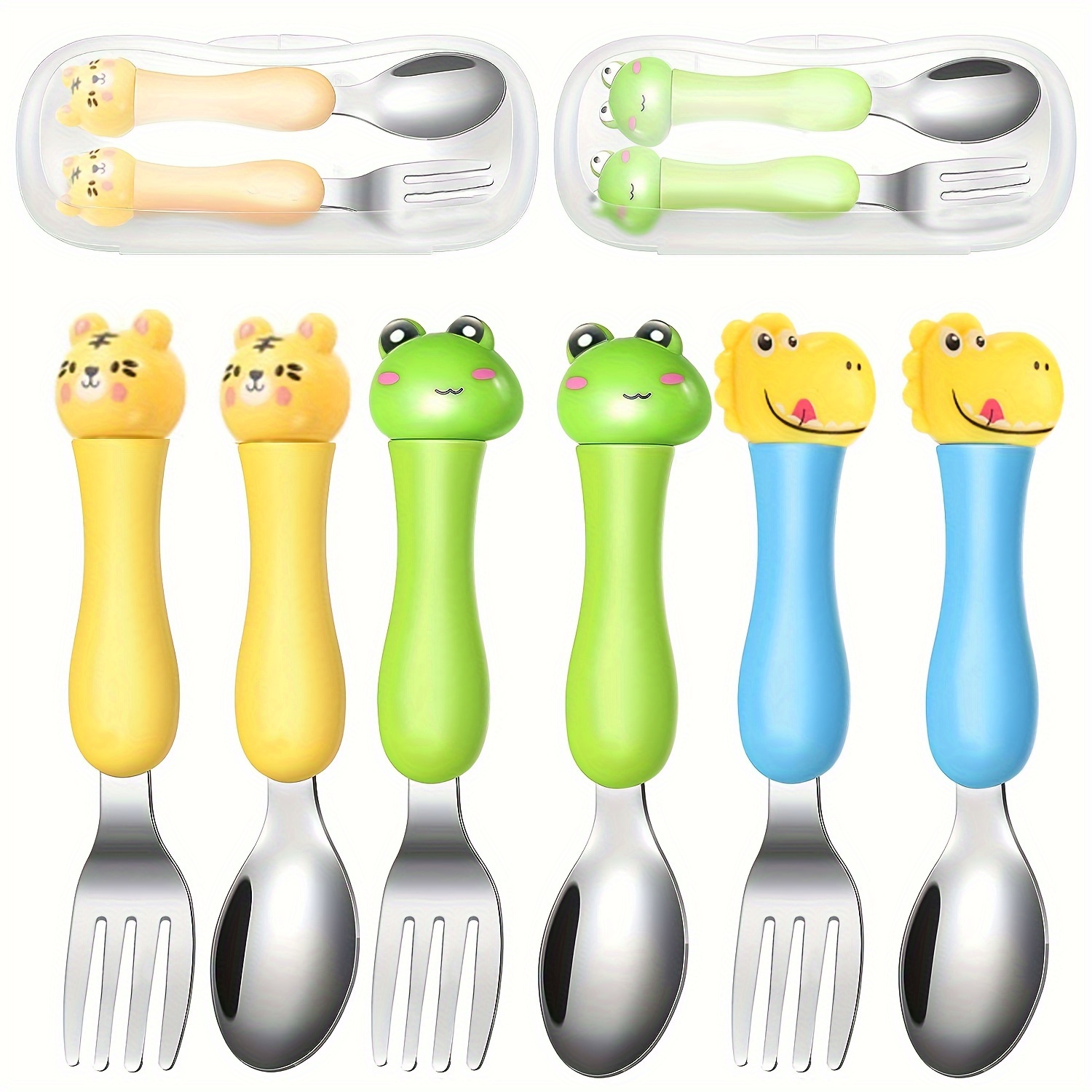 1 Set Utensili Per Bambini, Set Forchetta Cucchiaio Per Bambini, Set Posate  Per Bambini Con Custodia Da Viaggio, Cucchiai Forchette Per Addestramento  Alla Pappa Con Manico Con Simpatico Personaggi Animali Dei Cartoni