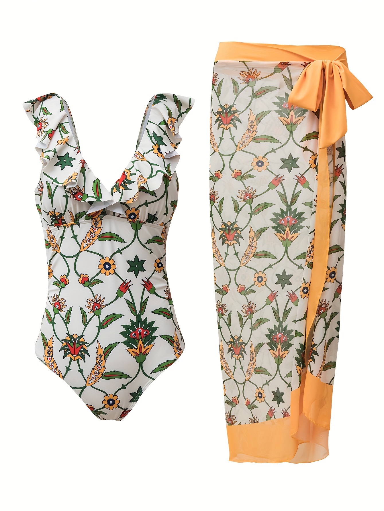Women's Print V-neck One Piece Bikini With Long Sarong Cover Ups