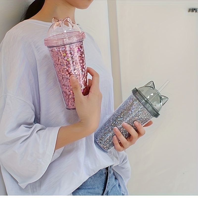 1pc Glitter Tumbler With Car Ear Lid And Straw Double Walled Water