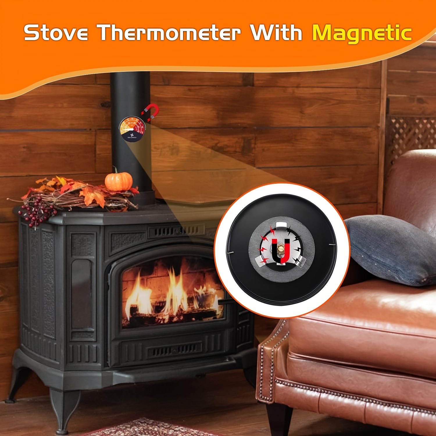 Bimetal Stove Thermometer, Easy to Operate Stove Thermometer Brass Pointer  Metal Handle Sturdy for Home