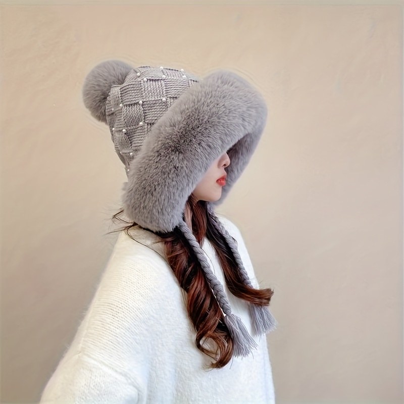 Braid Tassel Beanie With Pom Elegant Faux Fur Plush Knit - Temu