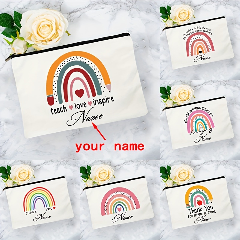 

1pc Personalized Name Text Rainbow Makeup Bags, Mistress Teacher's Gift, Cute School Supplies Pencil Pouch, Travel Toiletry Kits