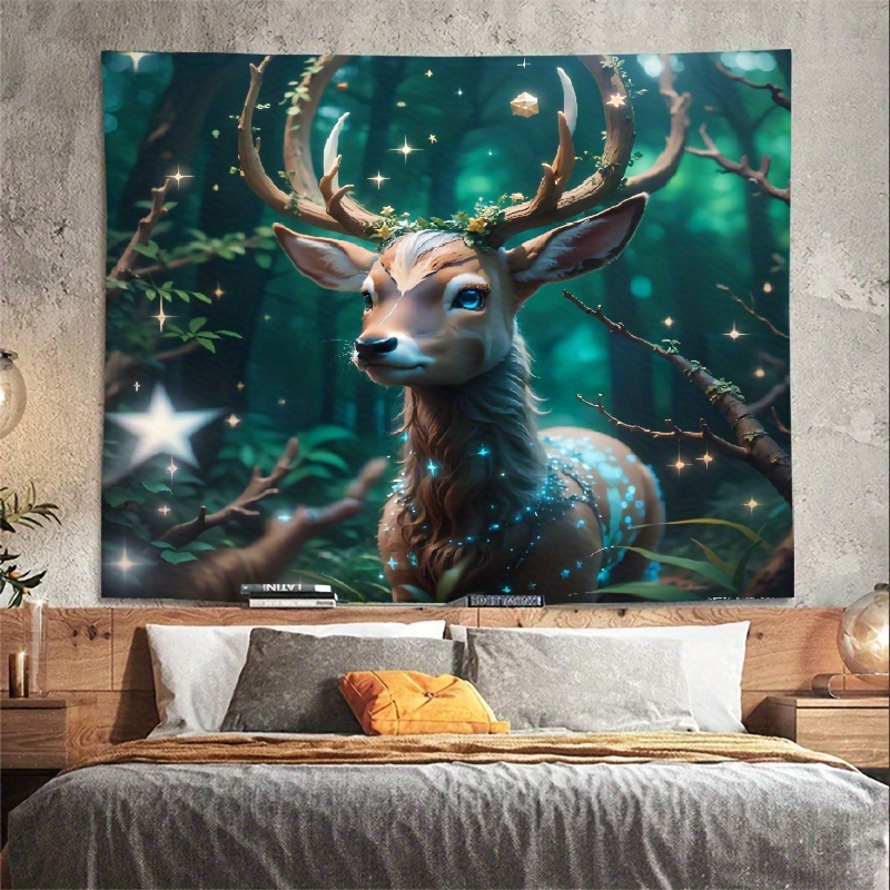 ethereal   deer tapestry with star   antlers realistic   polyester wall hanging for nursery playroom decor details 9