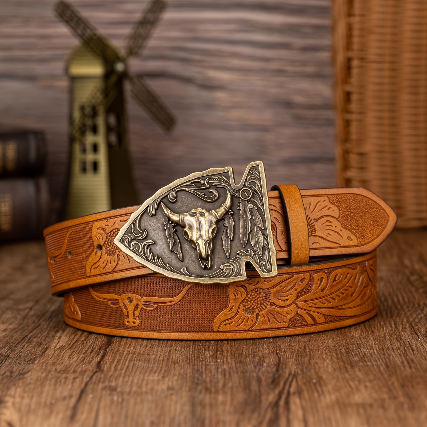 Cow Head Men's Leather Belt Retro Embossed Cool Belt Western Cowboy Big  Board Buckle Punk Style Leather Belt - Temu