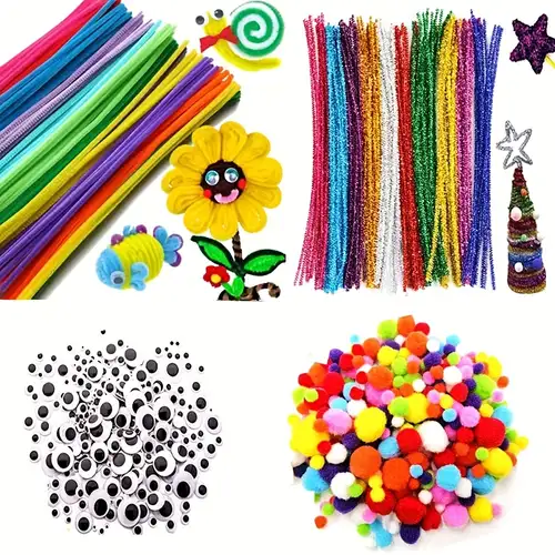 500pcs Pipe Cleaners Craft Set,Including 100 Pcs Chenille Stems 200 Pcs Pom Poms Craft 200 Pcs Wiggle Googly Eyes Self Adhesive,Assorted Colors and A