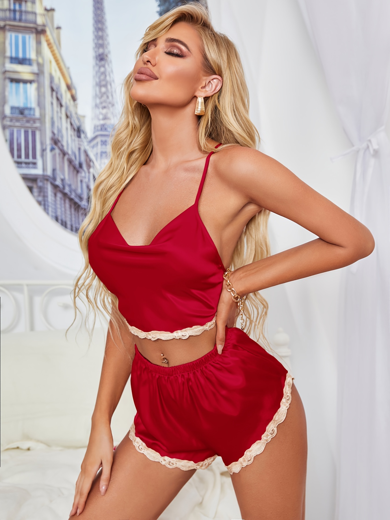 Lace Trim Satin Sleep Set Long Sleeve Short Robe + Cami Top - Temu