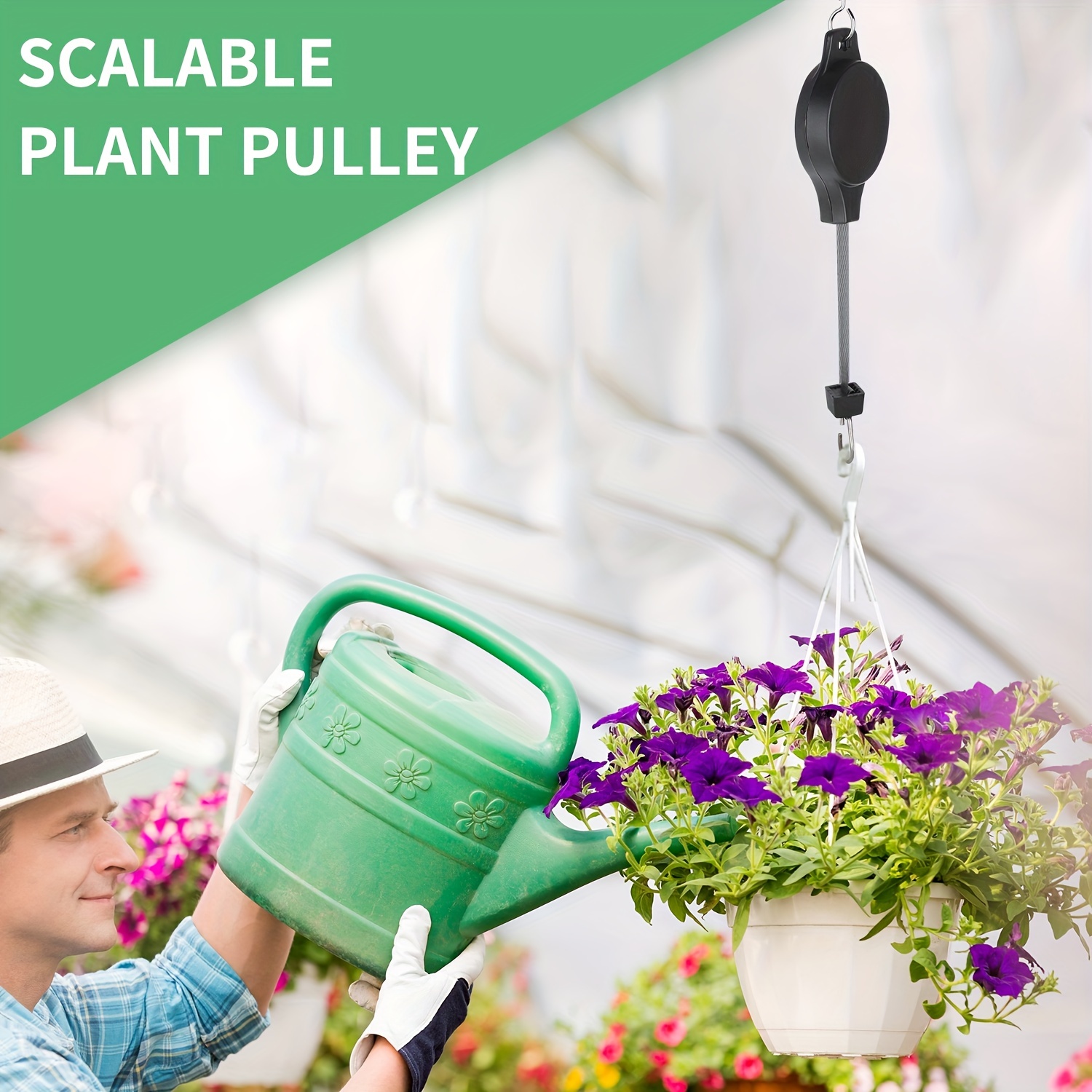 Upgraded Retractable Plant Hanger,Plant Pulleys for Hanging Plants,Easy to  Raise and Lower,Auto Lock,Heavy Duty,Adjustable Hook for Garden Baskets