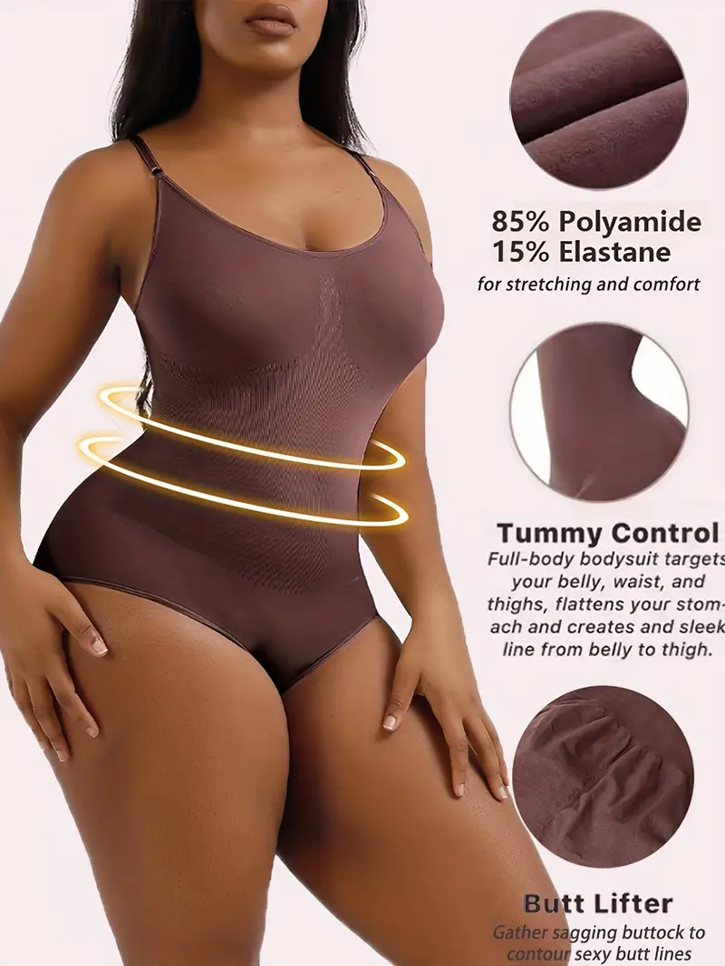 Solid Spaghetti Strap Bodysuit Tummy Control Shapewear Body - Temu