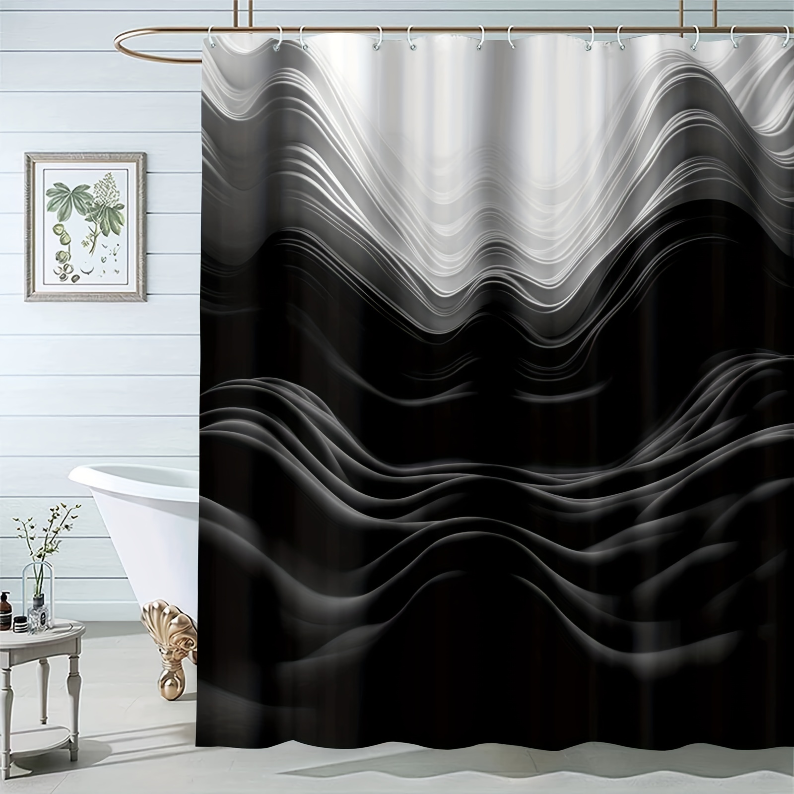 1pc Abstract Theme Shower Curtain, Black And White Ripple Shower Curtain  With 12 Ring Hooks, Waterproof Fabric Shower Curtain, Home Bathroom  Decoratio