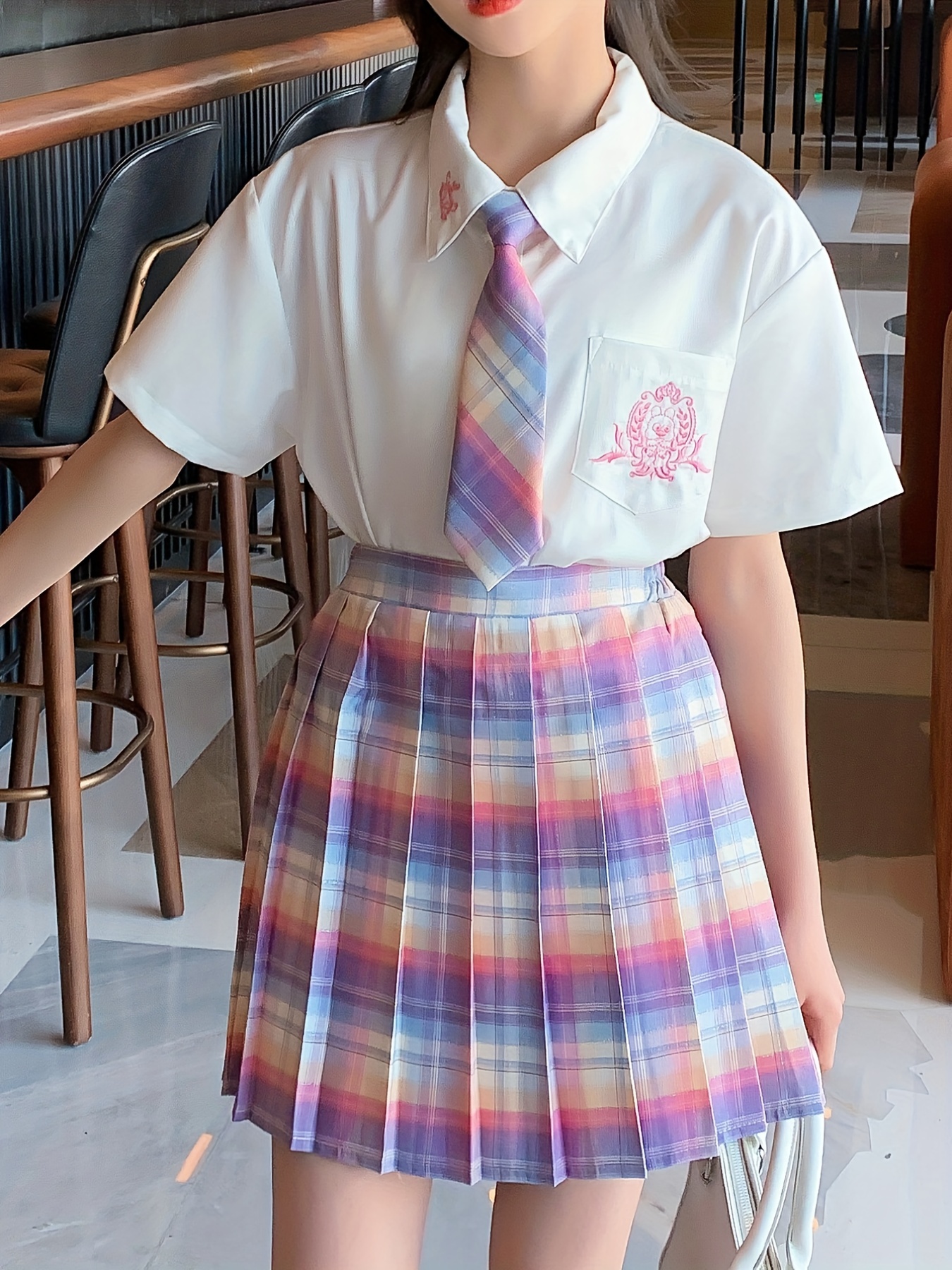 Girls' Plaid Print Varsity Style Pleated Skirt For Summer