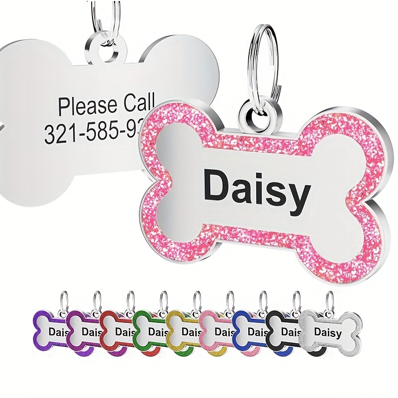 1pc Bella Personalized Dog Tag - Custom Stainless Steel Id Name Pendant With Glitter Bone Design, Gift For Dogs