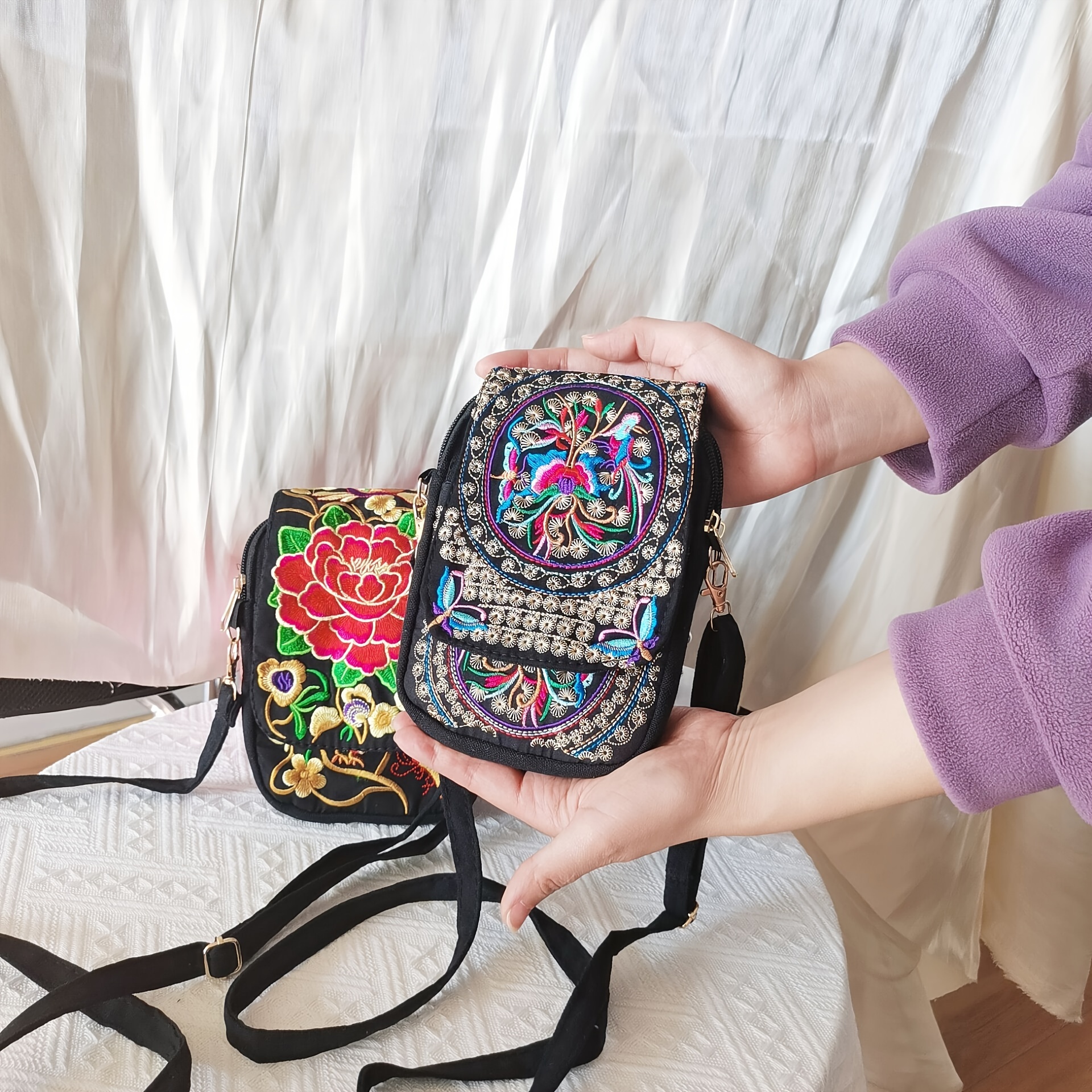 Bandolera de Lona Floral para Mujer, Bolso Mensajero de Pequeño con  Cierre de Cremallera, Bolso de Teléfono Flip de Múltiples Forrado de