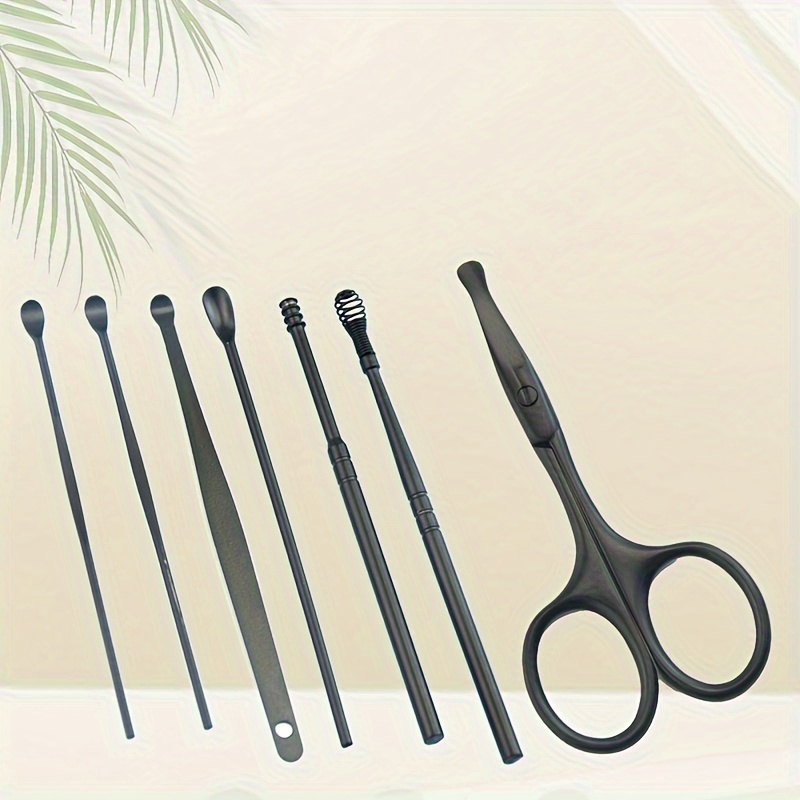 7pcs/Set Earpicks & Nose Hair Scissors, Stainless Steel Rotating