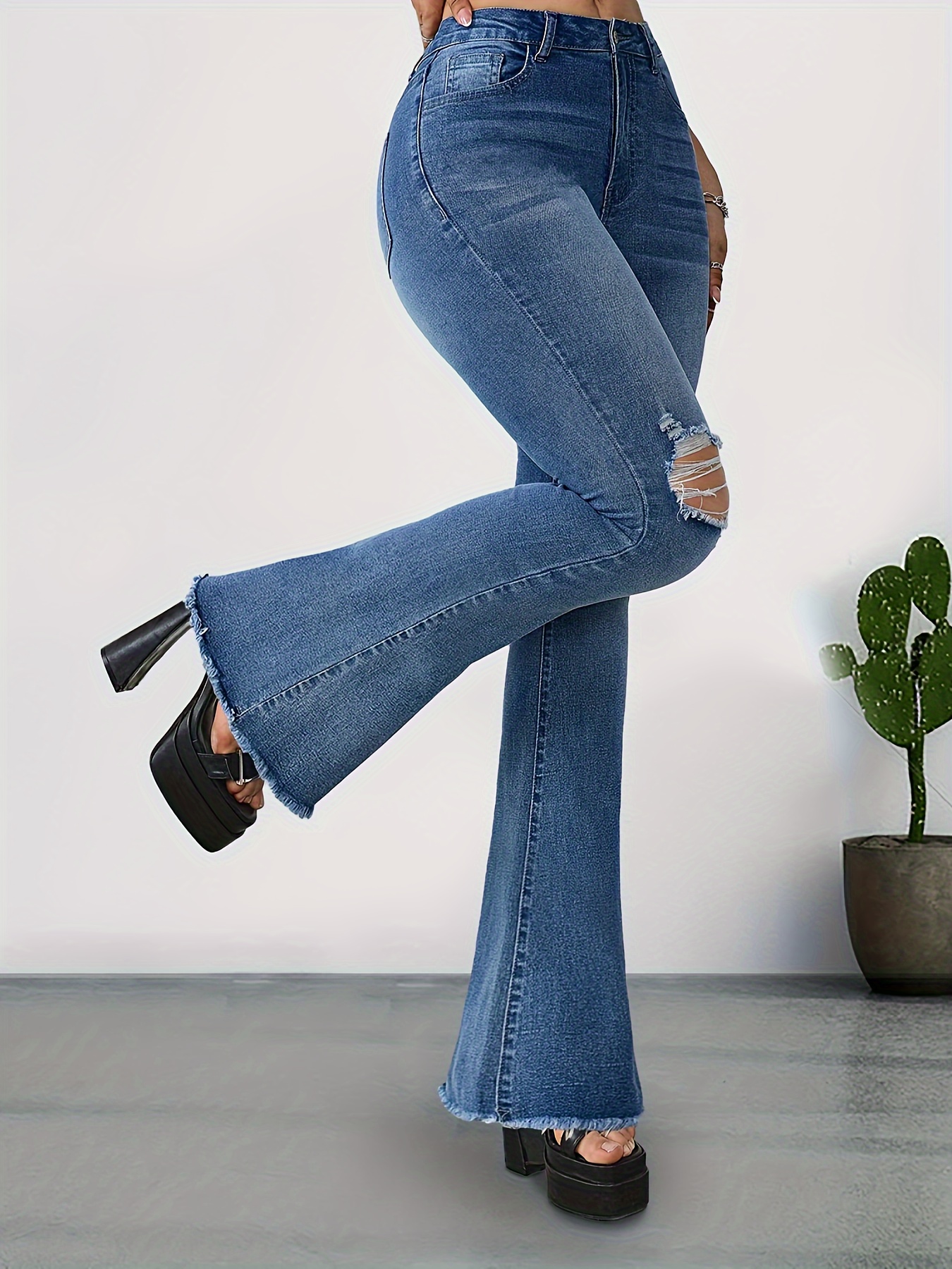 Ripped Holes Casual Flared Legs Jeans * Hem High Stretch Bell Bottom Jeans,  Women's Denim Jeans & Clothing