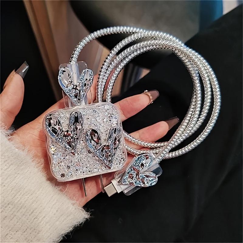 

Luxury Glitter Love Heart Silicone Charger Cover For Iphone 11/12/13/14/15 Pro Max 18w-20w Clear Charge Protection Cover Charger Sleeve Accessories