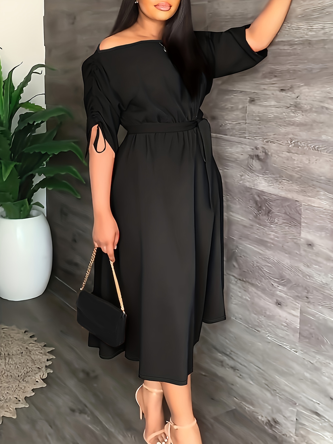 Plus Size Casual Dress, Women's Plus Solid One Shoulder Drawstring Ruched  Midi Dress With Belt