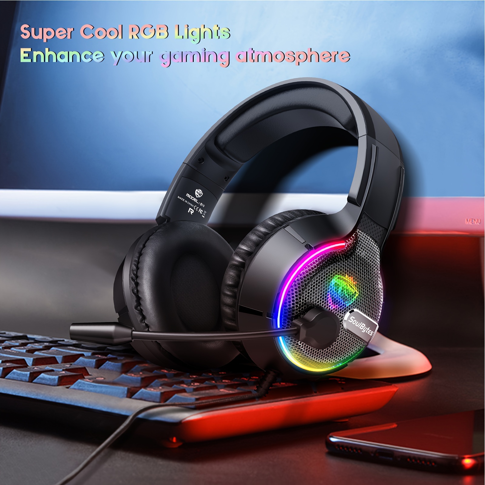 

Soulbytes Gaming Headset For One, Ps4, Pc, Over Ear Gaming Headphones With Noise Cancelling Mic Rgb Led Light, Stereo Bass Surround, Soft Memory Earmuffs For Ps5, Smart Phone, Laptops, Tablet