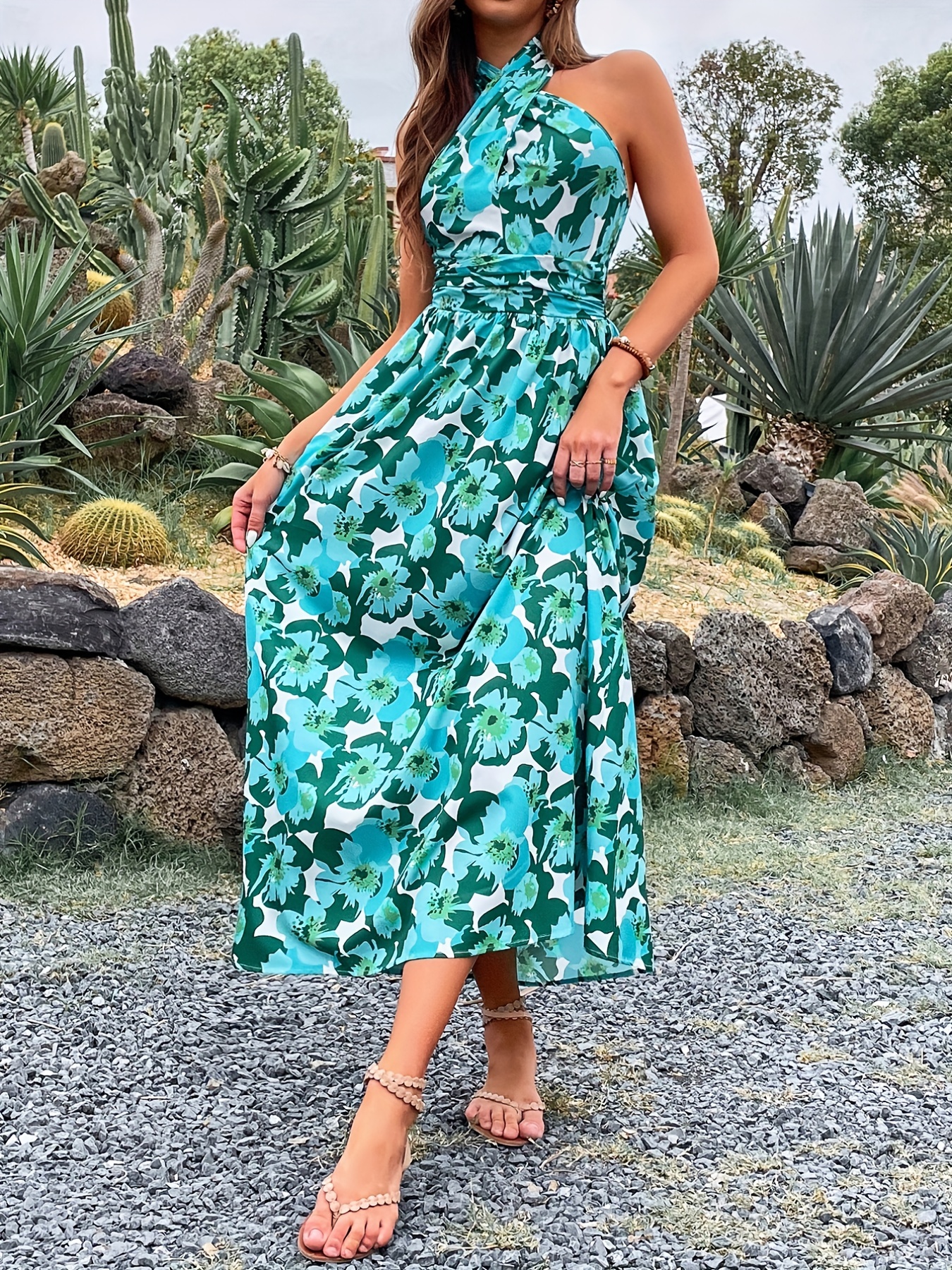 Floral Print Halter Maxi Dress, Beach Vacation Casual Dress For Spring &  Summer, Women's Clothing