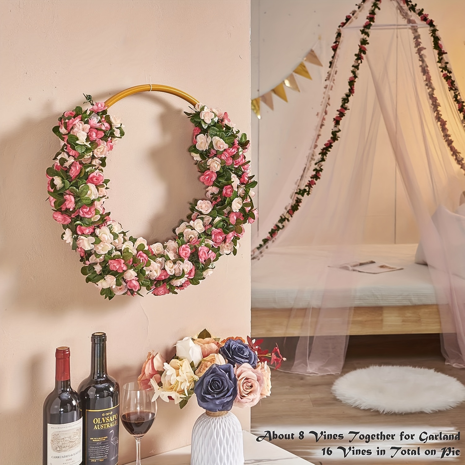 Artificial Rose Vine Flowers With Green Leaves Garland Hanging