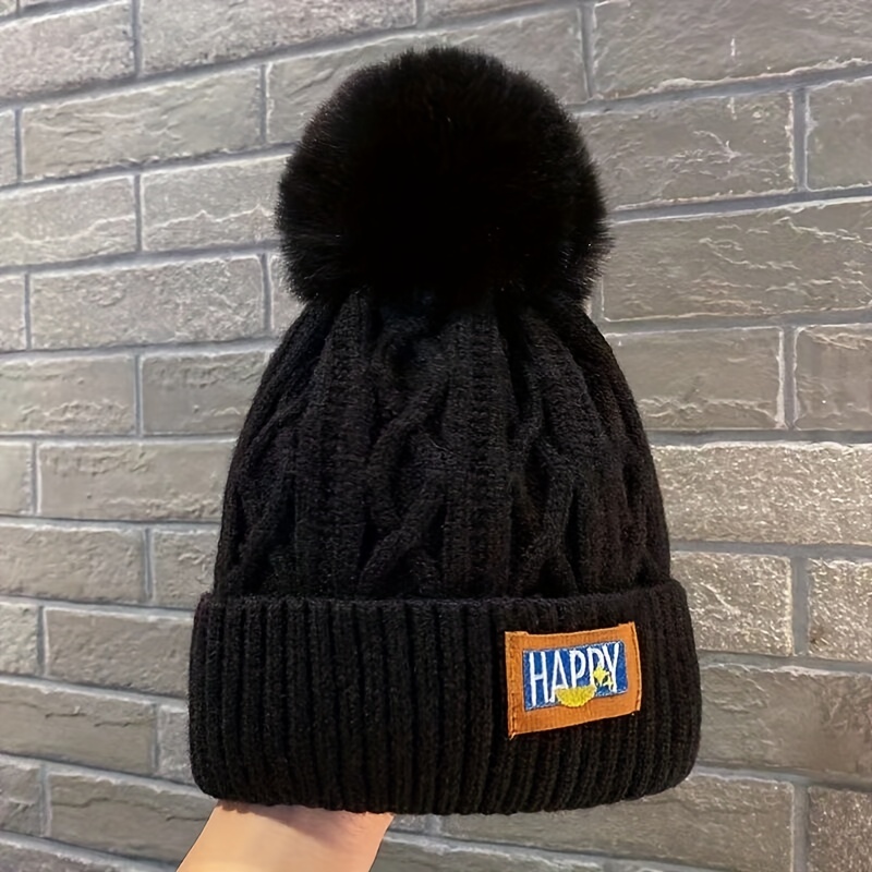 

Letter Patched Winter Beanie Hat, Windproof Thick Warm Knit Hat With Pom Poms, Fashionable Soft Winter Hat