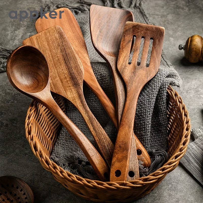 Juego de 9 cucharas de madera de piezas, utensilios de cocina de madera con  soporte